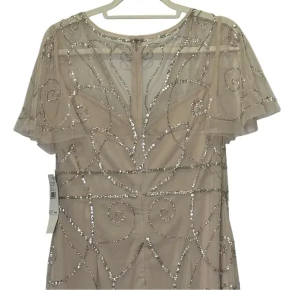 NWT Adrianna Papell Studio Beaded Sequin Long Gown Dress Biscotti Sz 12
